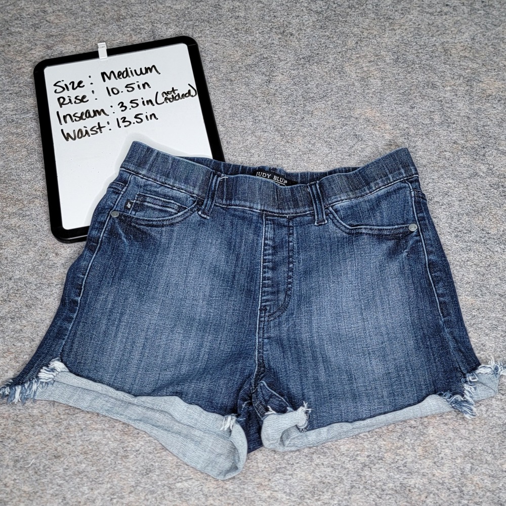 Judy Blue Denim Shorts Frayed Hem‎ Cuffed Stretch Waist Pull On Medium